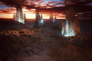 Exo planet exploration with strange rock artefacts.